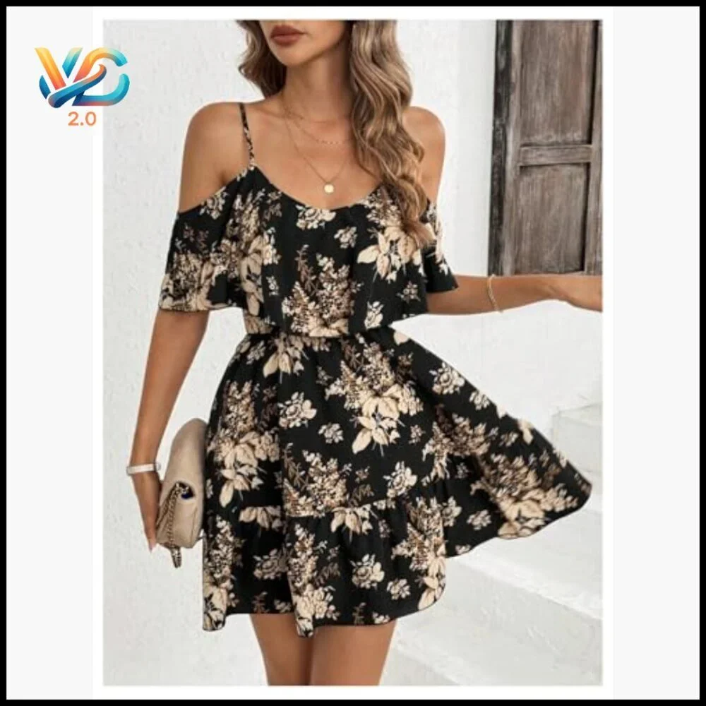 Boho Floral Cold Shoulder Mini Dress Ruffle A-Line Casual Vacation